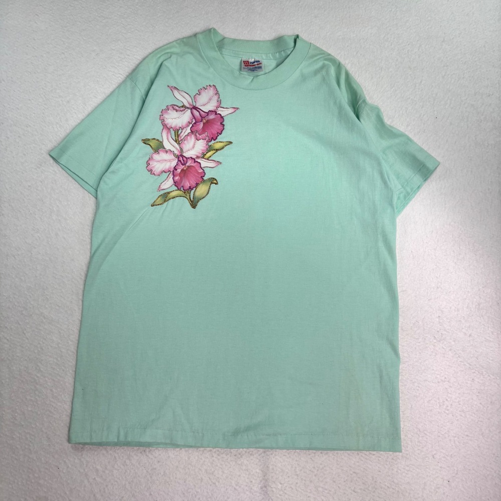 Vintage Hanes Orchid Floral T Shirt Mint Green Made USA Cottagecore Tee L